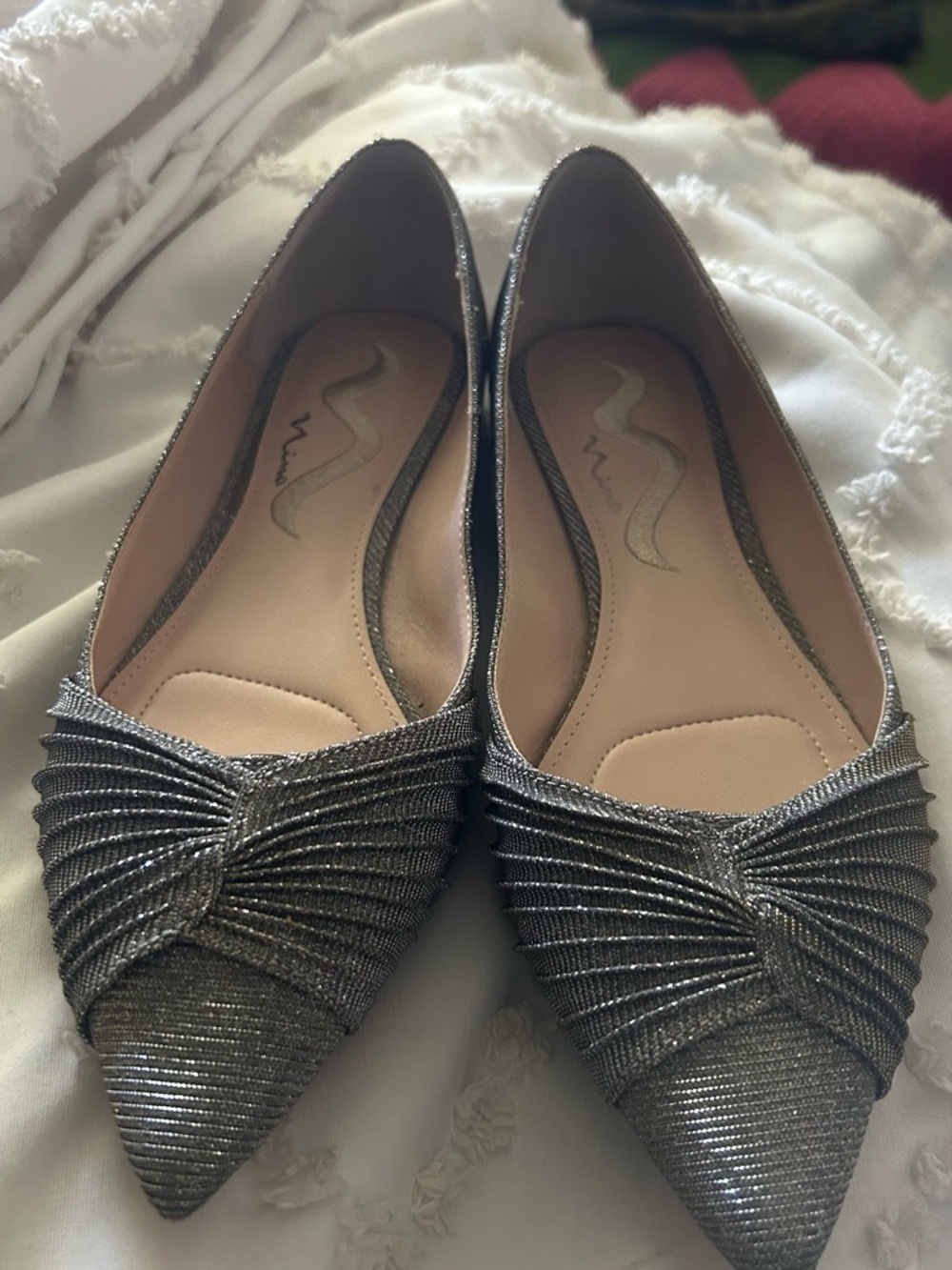 Nina Shoes Silver Pointed-Toe Twisted Pleat Flats